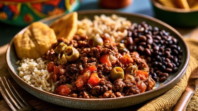 Cuban picadillo with rice, beans and plantains
