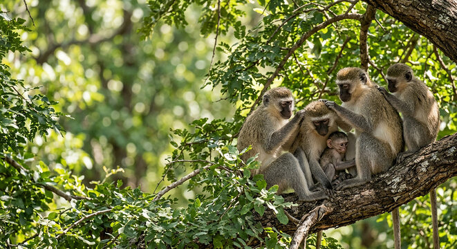 Several monkeys sitting together on a tree branch, grooming each other in a lush green forest.


