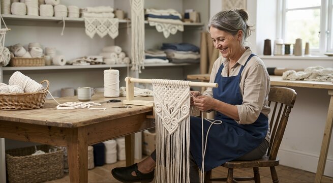 Person making knotted lace. Traditional craft and hands-on technique