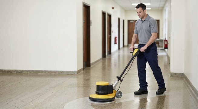 Man polishing a hallway floor with a buffer machine. Cleaning routine and surface care