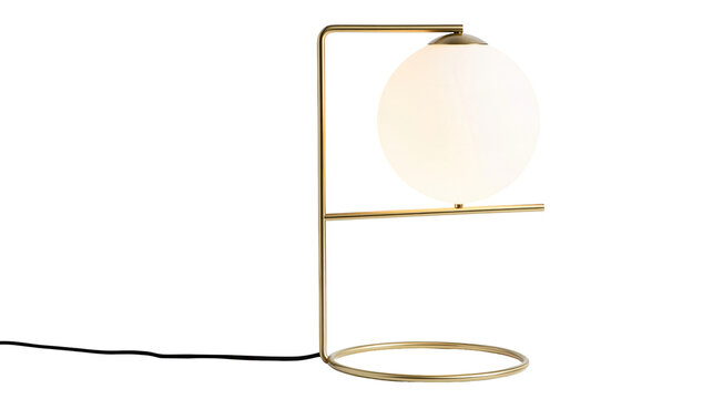 Isolated contemporary brass table lamp with glowing spherical opal glass shade and black cord