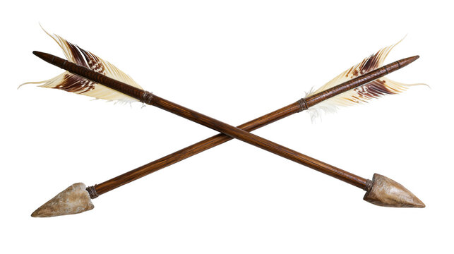 Isolated two primitive wooden arrows with feathered fletching and ancient stone tips crossed