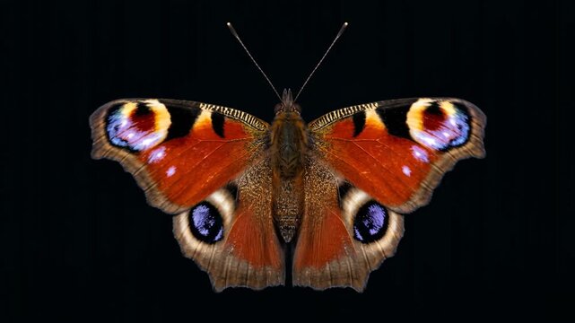 peacock butterfly with open wings isolated on black background video