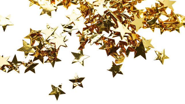 Isolated pile of shiny golden star confetti scattered for festive celebration or holiday design