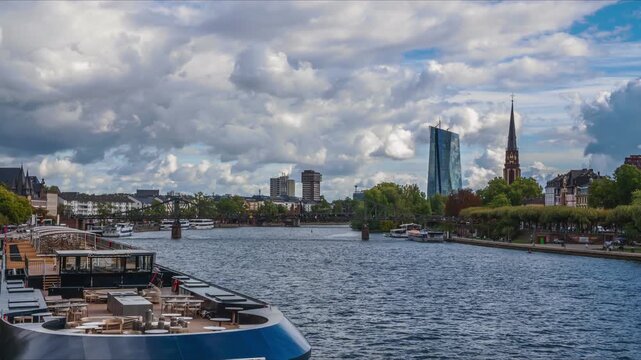 Frankfurt Skyline and River Main with Dramatic Clouds in Timelapse