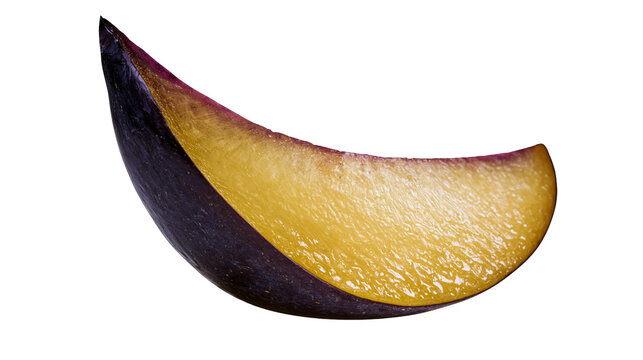 Isolated fresh ripe plum slice revealing vibrant dark purple skin and juicy golden flesh.