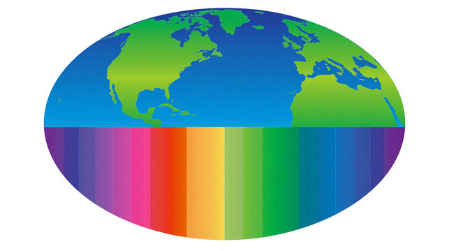 Isolated stylized Earth globe above rainbow color spectrum bars with alphanumeric text