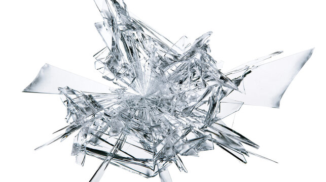Isolated image of shattered glass fragments creating an abstract pattern, symbolizing damage and destruction.