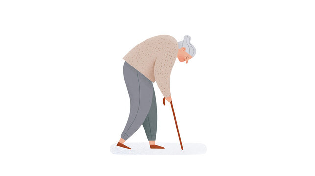 Isolated senior woman with grey hair walking slowly using a wooden cane and bent back
