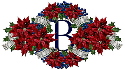 Isolated Christmas initial B decorated with poinsettia, holly, silver ribbon, and berries © Diego