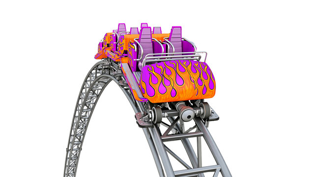 Isolated colorful roller coaster car on track with purple flame design, thrill ride excitement