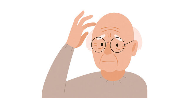Isolated old man scratching his bald head, thoughtfully considering a problem or trying to recall.