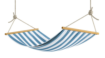 Isolated comfortable striped fabric hammock with blue and white colors and rope details © Diego