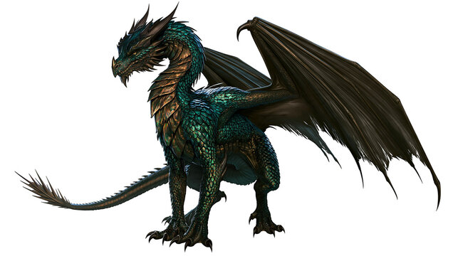 Isolated powerful emerald dragon with shimmering scales and dark wings mythical creature