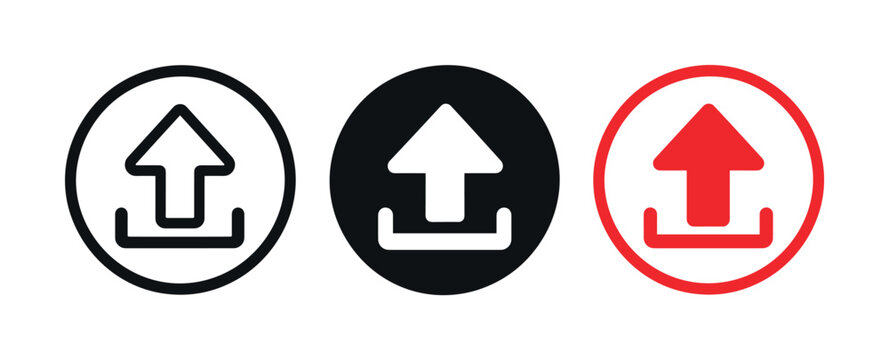 Three upload arrow icons inside circles shown in outline black and bright red variations, upload, arrows, circles, black, red,