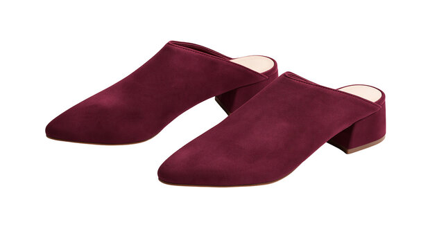 Isolated elegant burgundy suede mules with chunky block heels, stylish slip-on women's shoes