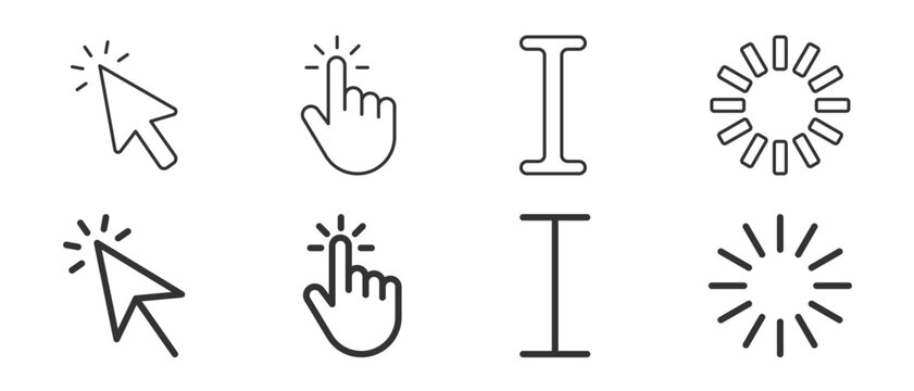 Computer mouse cursor icons, including cursor pointer, hand cursor, text selector, and loading spinner