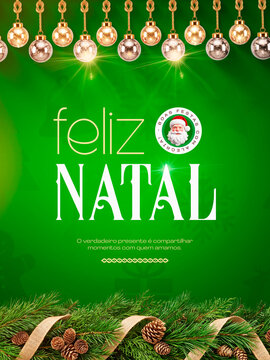Feliz Natal Fundo Verde com Ornamentos Post Card Insta Template Banner