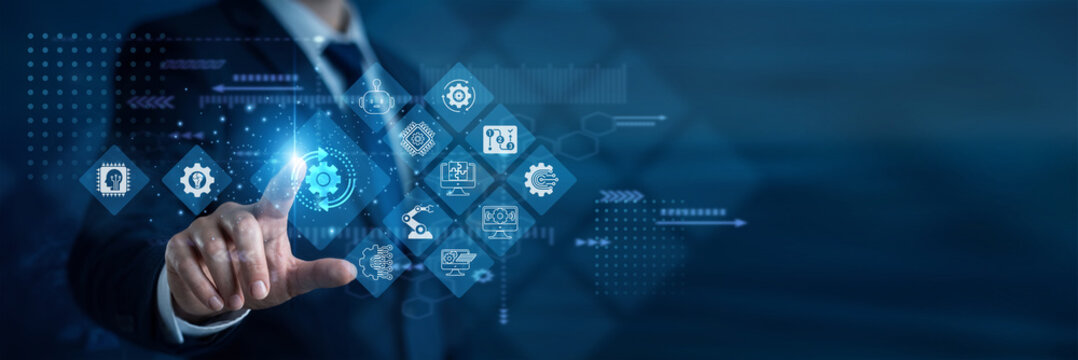 Strategy advisor hand touch Transformation and digital network evolution. This modernizes legacy frameworks, adapting business models to thrive within a rapidly changing technological era.