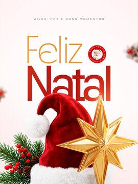 Feliz Natal Estrela Dourada Gorro Papai Noel Post Card Insta Template Banner