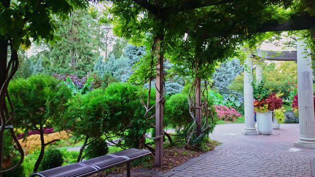 Vibrant botanical garden path leading past colorful coleus and ornate dome gazebo at Sunken Gardens in Lincoln Lancaster County Nebraska
