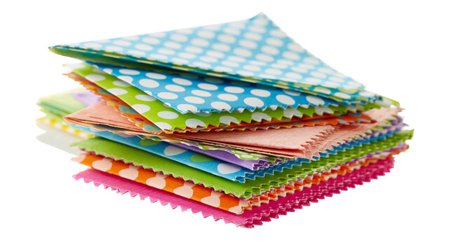 Isolated stack of vibrant colorful patterned fabric squares with zig-zag edges for craft projects.