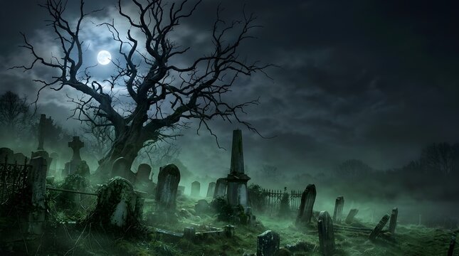 Haunted graveyard with old tombstones and twisted dead tree under glowing full moon in green fog for Halloween horror