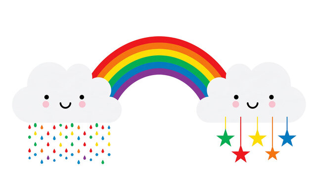 Isolated cute smiling clouds with bright colorful rainbow, cheerful rain drops and hanging stars