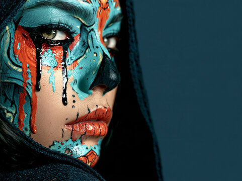 Close up profile portrait of a woman with turquoise and orange cracked face paint black dripping lines and glossy lips against a dark navy background with copy space Concept of halloween makeup