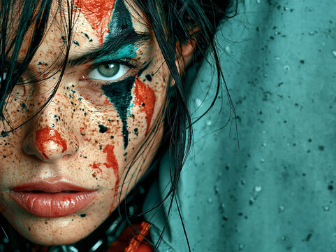 Close up portrait of a woman with messy dark hair turquoise eye paint red splashes freckles and black streaks against a textured aqua background Concept of halloween character makeup