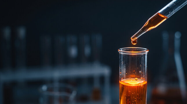 A pipette drops amber liquid into a test tube in a dark laboratory setting