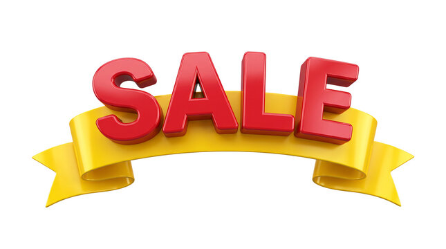 Red sale text with yellow ribbon isolated on a transparent background