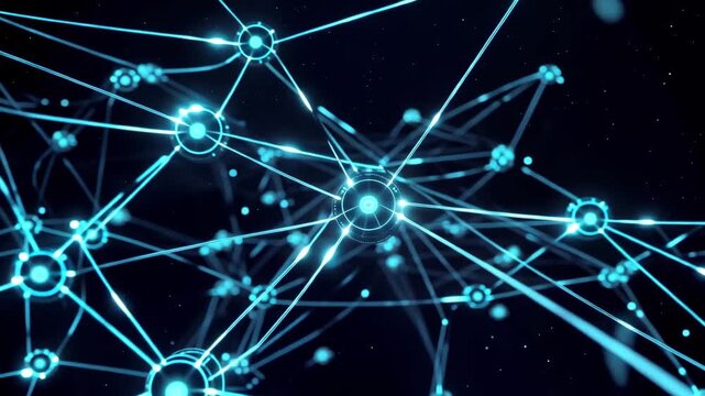 Futuristic neural network animation with glowing nodes and signals