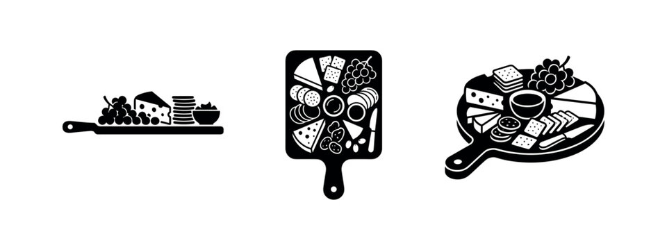 Set of Charcuterie Board Icons - Black Silhouettes of Appetizer Platters with Cheese and Grapes