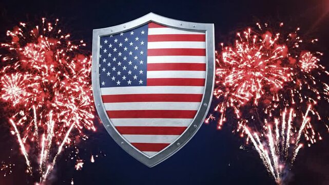 American flag shield with exploding fireworks background, for independence day, celebration emblem