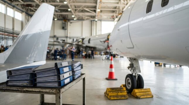 Jet fuselage with maintenance cone, wheel chocks, hangar, and contract folders for aircraft leasing and fleet management.