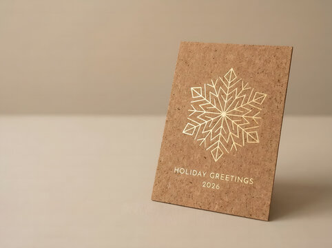 Tarjeta de felicitaci&oacute;n navide&ntilde;a de corcho natural con copo de nieve impreso en oro, mockup de papeler&iacute;a corporativa para navidad y espacio de copia