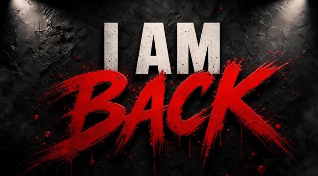 Bold "I AM BACK" Text Art on Dark Textured Wall Background with Red Brush Splatter   