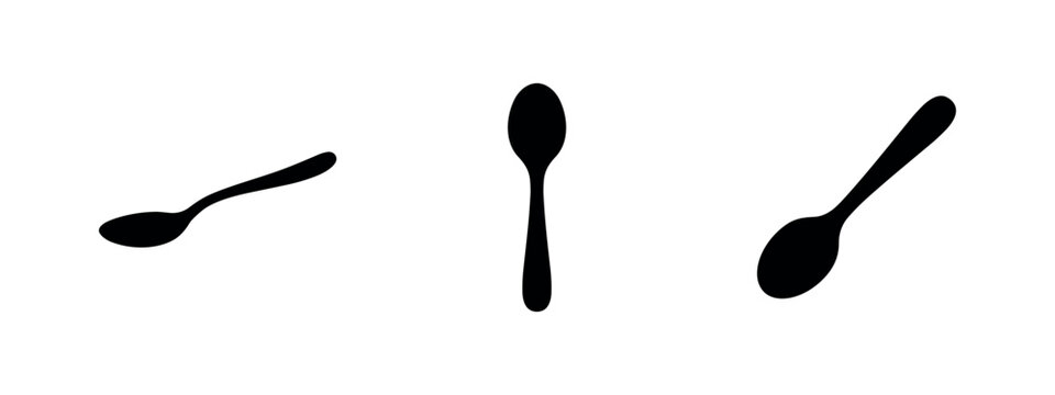 Set of teaspoon icons in black and white. Flat vector illustrations of eating utensils.