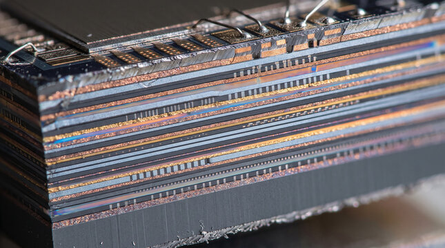 Macro view of a silicon computer chip showing intricate layered circuitry architecture and copper interconnects in a high-tech processor semiconductor hardware component