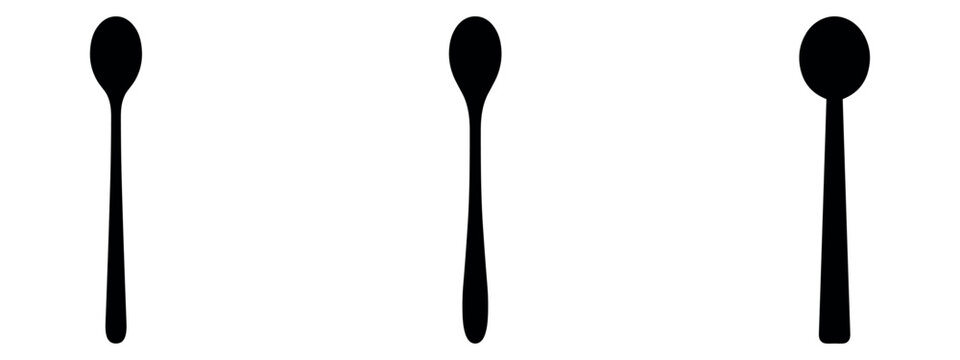 Set of spoon icons in black and white. Flat vector illustrations of various eating utensils.