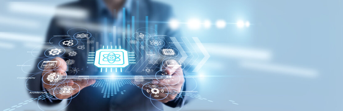 Physicist hold tablet and monitors cryogenic temperatures for a Quantum Computing lab, analyzing qubit coherence times on a complex holographic display. Advanced processing unlocks the future.
