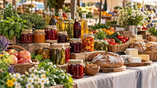 Rustic market table filled with homemade food jars artisan bread fresh produce and olive oil bottles. Concept of farmers market, preserves.