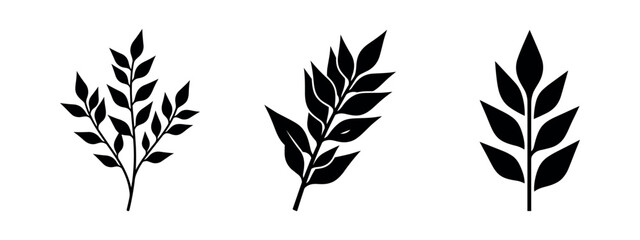 Naklejka premium Set of generic leafy branches icons. Black silhouettes of various plant foliage for natural design elements.
