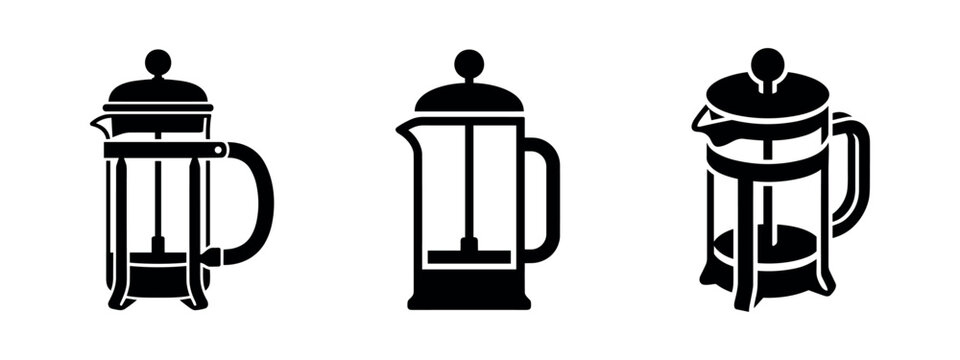 French press coffee maker icons set. Black silhouettes of manual coffee brewing devices for home use.