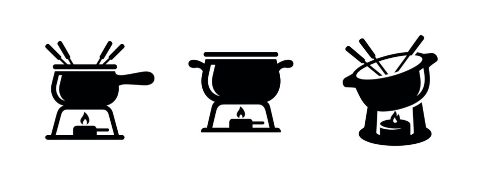 Three fondue pots with heat sources and fondue forks, depicted in black silhouette on a white background.