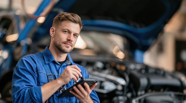 Mechanic in blue uniform consulting digital tablet while inspecting engine