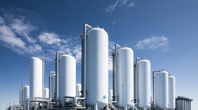 Industrial storage tanks and piping system under clear blue sky background