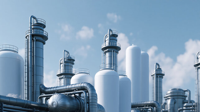 Industrial factory with metal refinery tower and storage tank exterior
