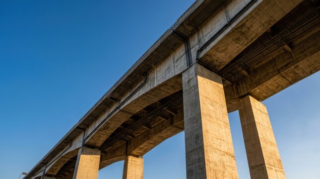 Concrete bridge structure against a clear blue sky.